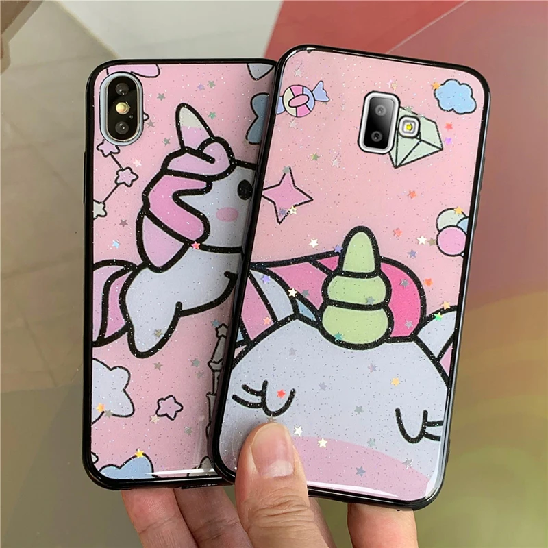 Bling мультфильм телефон с единорогом чехол для samsung Galaxy J7 J6 J5 J4 J2 Prime M10 M20 M30 M40 задняя