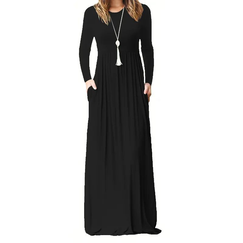 Женские осенние Платье черного цвета Femme Длинные платья размера плюс Boho карман