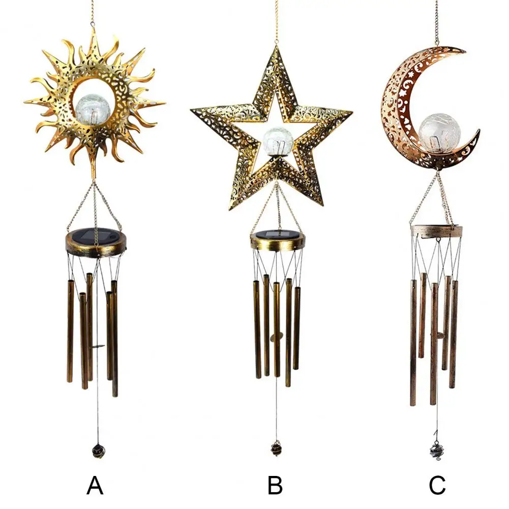 

Hot Sales Wind Chime Lamp Exquisite Outdoor Landscape Wrought Iron Hollow Star Moon Sun Solar Wind Bell Light for Patio