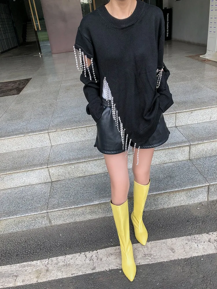 ZawsThia winter autumn yellow purple pink woman boots pointed toe low square heels mid-calf boots for women big size 34-48