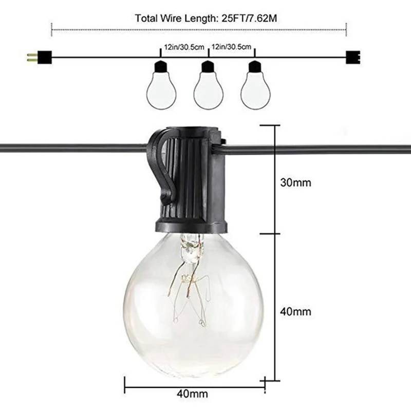 

25FT Patio String Light Christmas G40 Globe Festoon Bulb Fairy String Light IP65 Outdoor Party Garden Garland Wedding Decorative