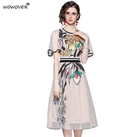 womens fashion runway designer butterfly sleeve floral embroidery midi mesh dress for party summer clothes cocktail vestidos