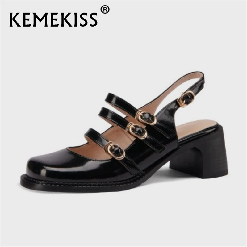 

KemeKiss Women Sandals Genuine Leather Fashion Buckle Strap High Heels Summer Shoes Woman Retro Office Lady Footwear Size 34-39
