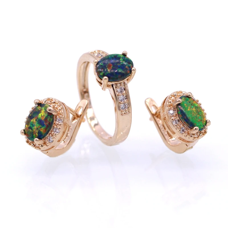 

Fashion Oval Fire Opal CZ Gold Color Jewelry Sets For Women Zircon Ring Earrings Set Wedding Party Gift bijoux femme