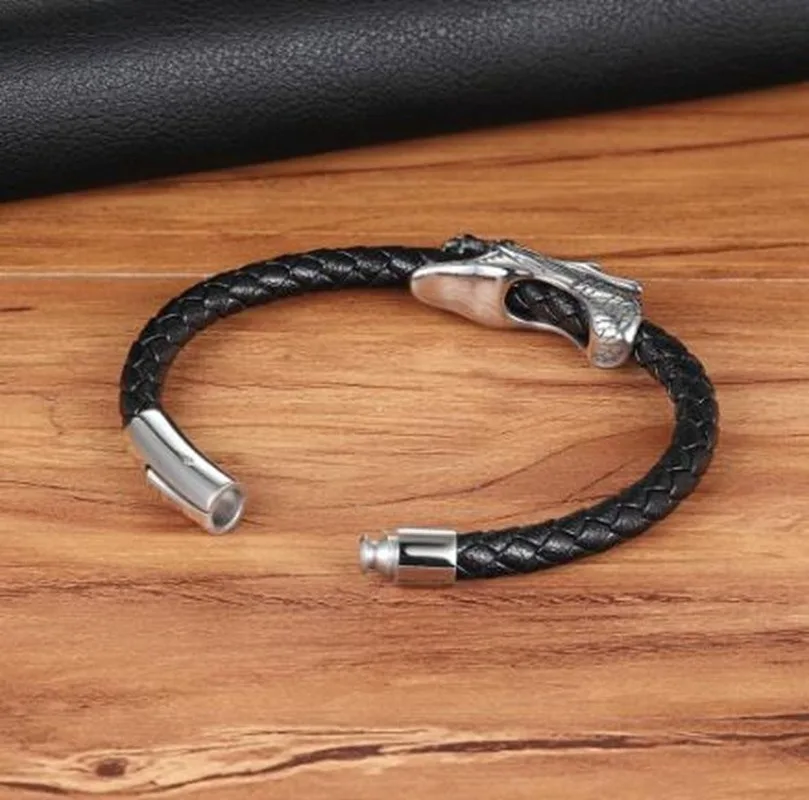

Classic Chinese Style Stainless Steel Dragon Head Magnetic Clasp Genuine Leather Bracelet Glamour Men Rock Party Punk Jewelry