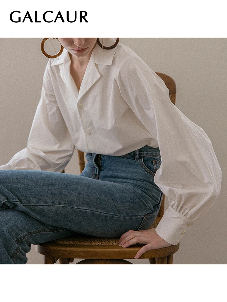 

GALCAUR Vintage White Shirt For Women Lapel Lantern Sleeve Solid Minimalist Button Through Blouse Female Korean Fashion Clothing