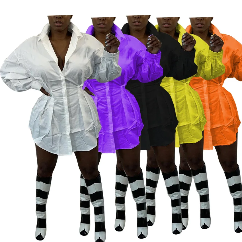 

2021 Autumn Women Dress Shirt Turn Down Collar Solid Color Full Sleeve Slim Streetwear Party Night Dresses For Women Outfit