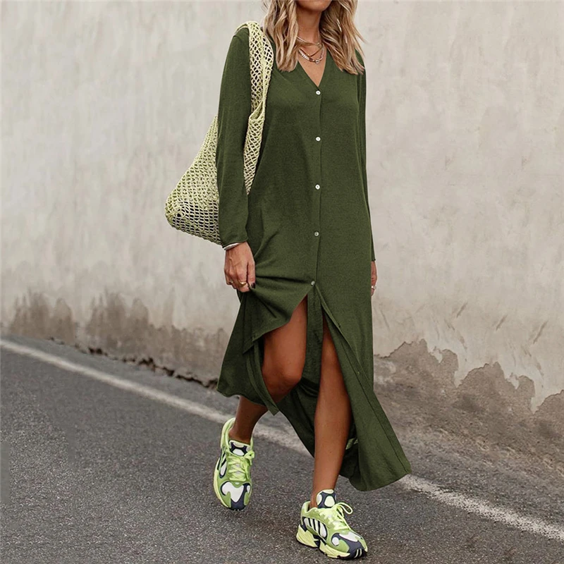 

Women Maxi Dress Sexy V-Neck Long Sleeve Plus Size Breasted Shirt Dresses Female Autumn Casual Loose Streetwear Long Vestidos