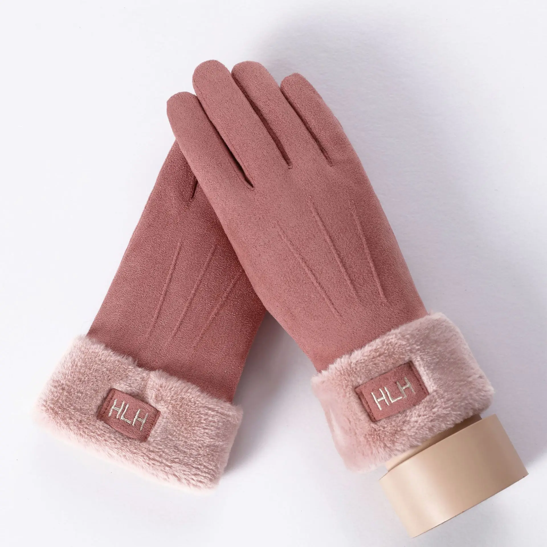 081B-HLH-SkinPInk Sparsil женские замшевые перчатки с сенсорным экраном, зимние двухслойные меховые варежки, теплые модные перчатки с вышивкой в виде снежинки для улицы - Цвет: 081B-HLH-SkinPInk
