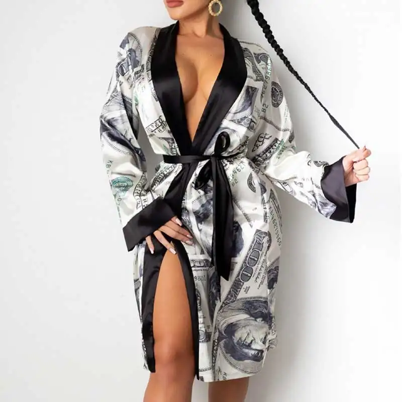 

2021 New Fashion Women Ladies Satin Silk Robes Trendy Dollar Print Long Sleeve Silky Kimono Bathrobe Sleepwear with Belt Robes