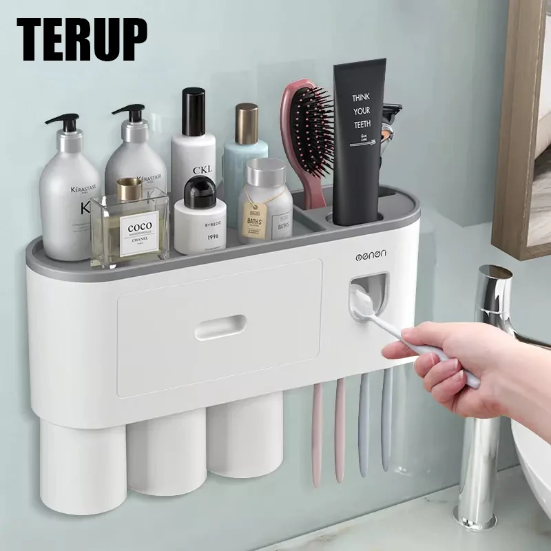 TERUP-soporte de pared para cepillo de dientes, dispensador autom&aacute;tico de pasta de dientes, tazas magn&eacute;ticas, estante de almacenamiento, juego de accesorios de ba&ntilde;o-1