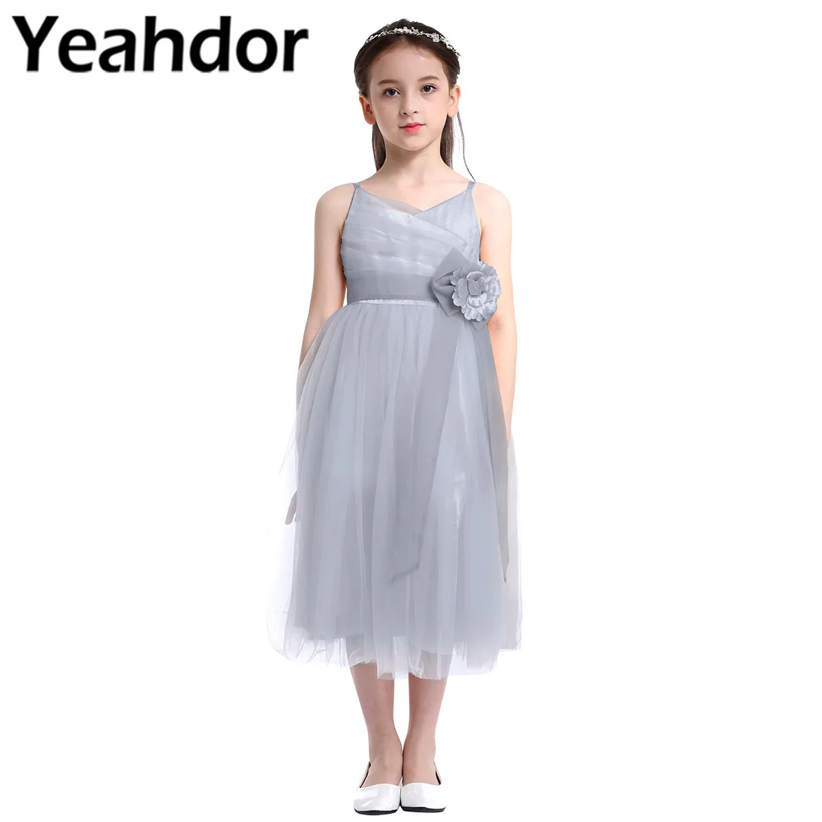 Детское Плиссированное Тюлевое Сетчатое платье на бретельках с цветочным