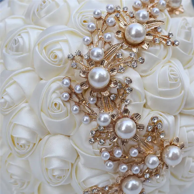 WifeLai-A Wedding Bouquets With Pearl Beaded Romantic Ivory Ribbon Rose Bride's Bouquet Bridesmaid Flower De Noiva W706 | Свадьбы и
