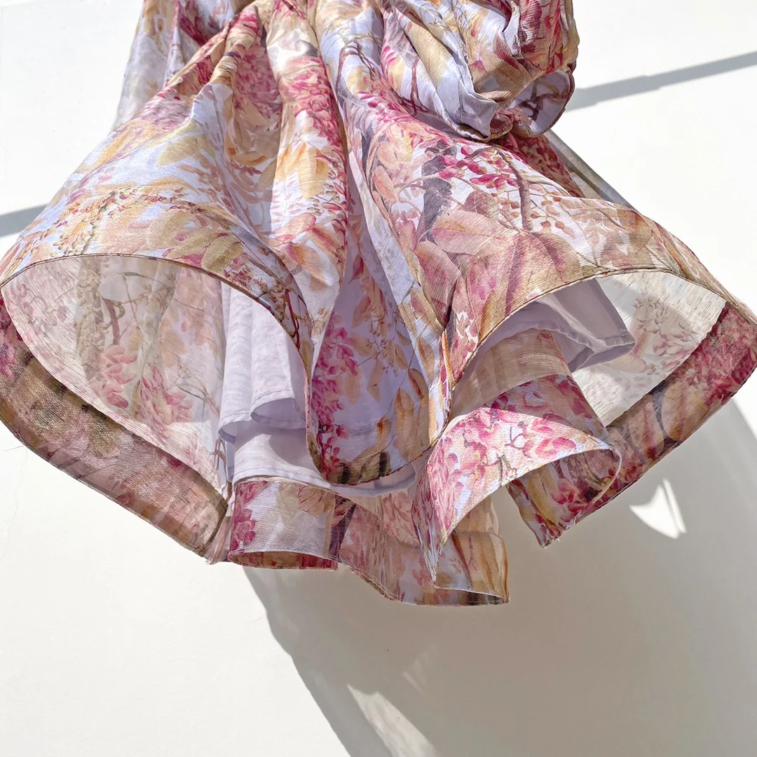 

100% Linen Printing Lantern Sleeves Sexy Backless V-Neck Strapless Mini Z Skirt Beach High Quality Chic Bohemian Women Dress