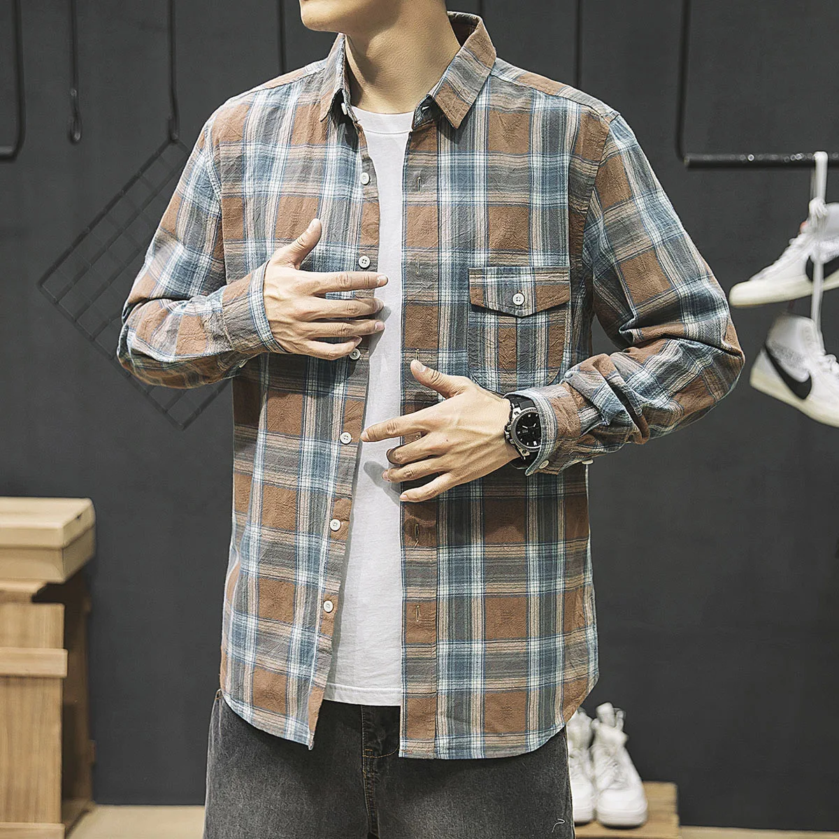 

Loldeal Men Shirt Fashion Long-sleeved Plaid Casual Cotton Comfort