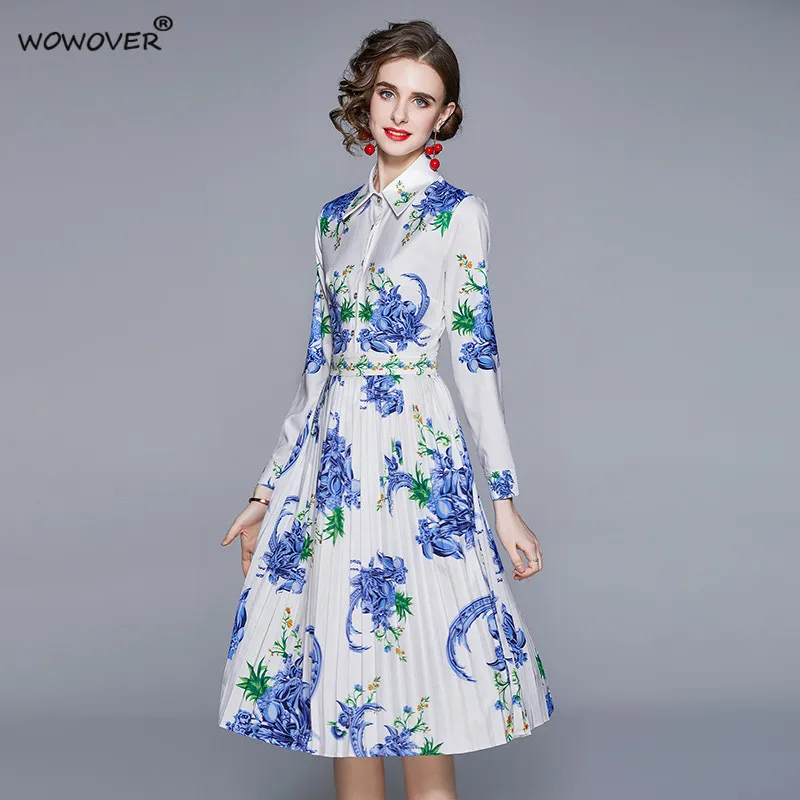 

Elegant Lady Full Sleeve Floral Print Runway Spring Shirt Dress Women Fashion Designers Pleated Office Robe Femme Casual Vestido