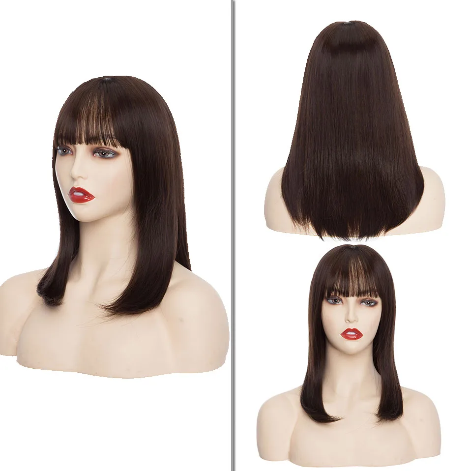 KEKO Medium Straight Collar Bone Hair Wig 14inch Omber Brown Hair Wig With Bang Heat Resistant Fiber Cosplay Party Synthetic Wig stunning medium straight synthetic honoka kousaka cosplay wig with clamp ponytail