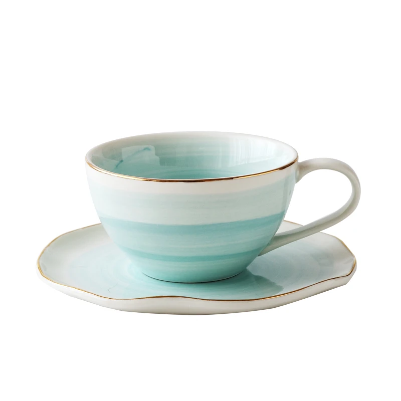 Blue Розовая мраморная керамика молоко кофе кружка, кружка для чая с восьмиугольная форма блюдце позолоченная полка чайная кружка, сосуды для питья набор подарки другу - Цвет: Blue