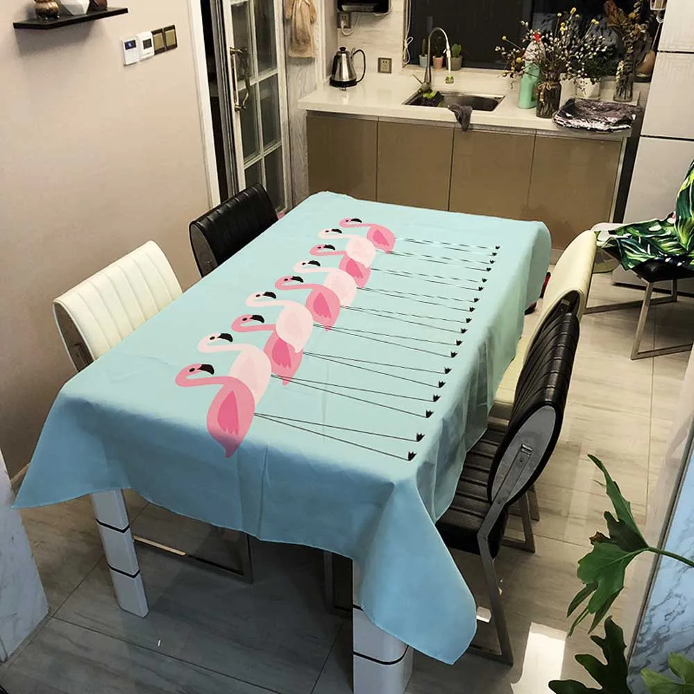 Декоративная льняная плотная скатерть с фламинго розовая водонепроницаемая