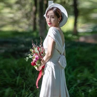 elegant satin wedding guest dresses for women white pleat v neck bow backless floor to length sheath meremaid female bridal gown