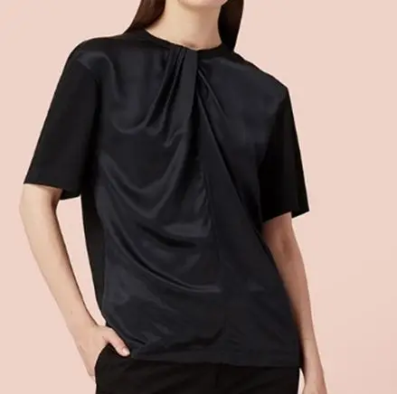 

2021 Women T-shirt Pleated Collar Silk and Cotton Short-sleeved T-shirt Plain Satin Silk Top Simple and Versatile