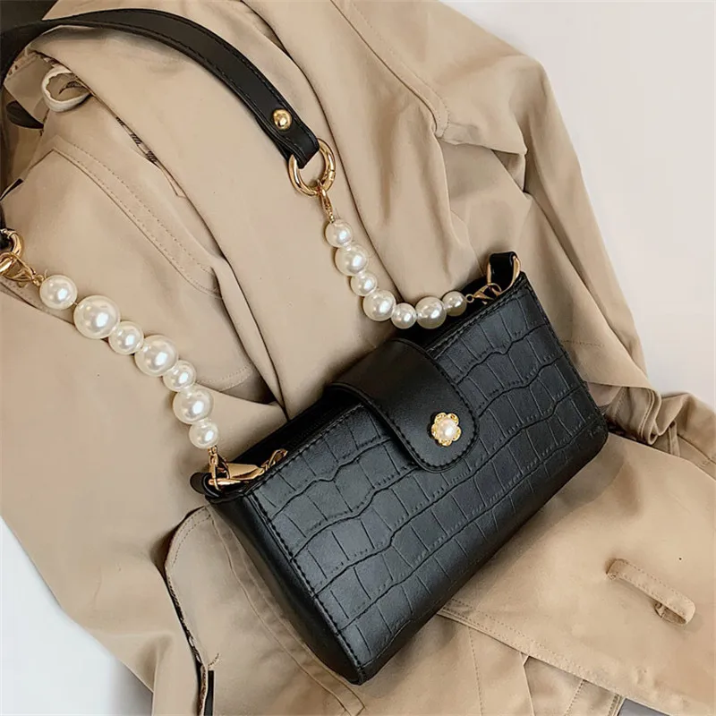 

Pearl Alligator Pattern Flap Baguette Bags For Women 2020 PU Leather Female Designer Shoulder Bag Ladies Hand Bags Sac A Femme