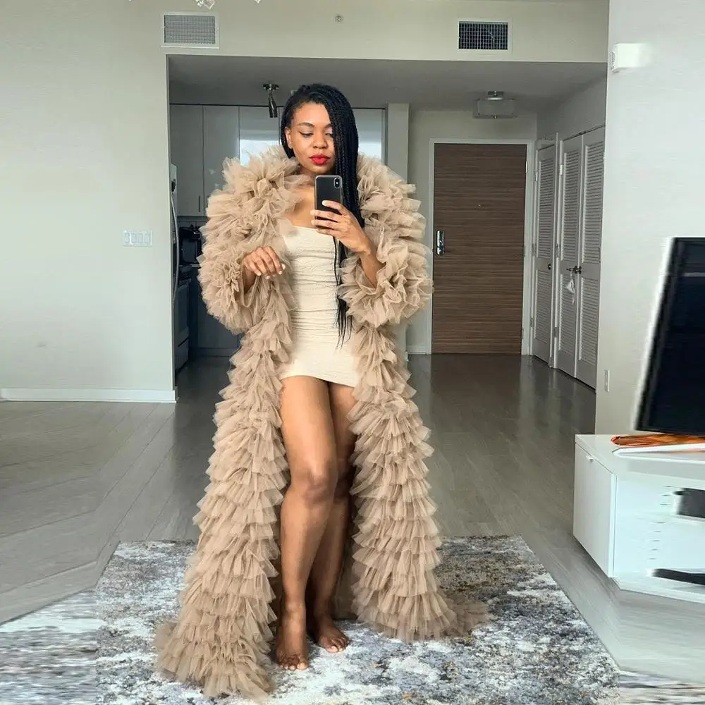 Уникальное пушистое Тюлевое верхнее пальто женские макси платья с длинным