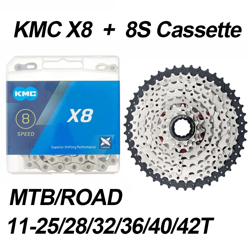 

Sunshine Road/MTB Bike Cassette 8V Bicycle Flywheel KMC X8 8S 116L Chain 25T 28T 32T 36T 40T 42T 46T 8 Speed Crown for Shimano