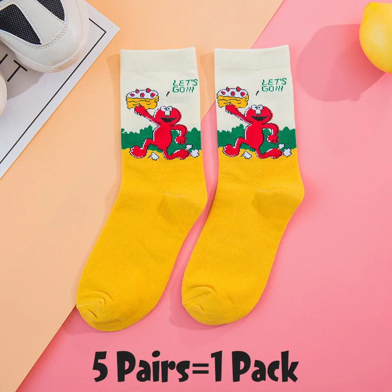 5 Pairs-2 5 пар Женские Мультяшные шикарные движения скейтборд хлопчатобумажные носки Улица Сезам длинные носки искусство женский персонаж милый хипстер Мода - Цвет: 5 Pairs-2