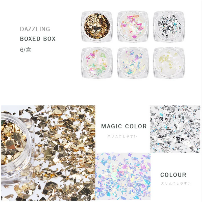 

1 Set / 6 Pieces Glass Shards Set Nail Decoration Ornaments New Irregular Gold Leaf and Tin Foil Shiny Diamond Nail Sequins