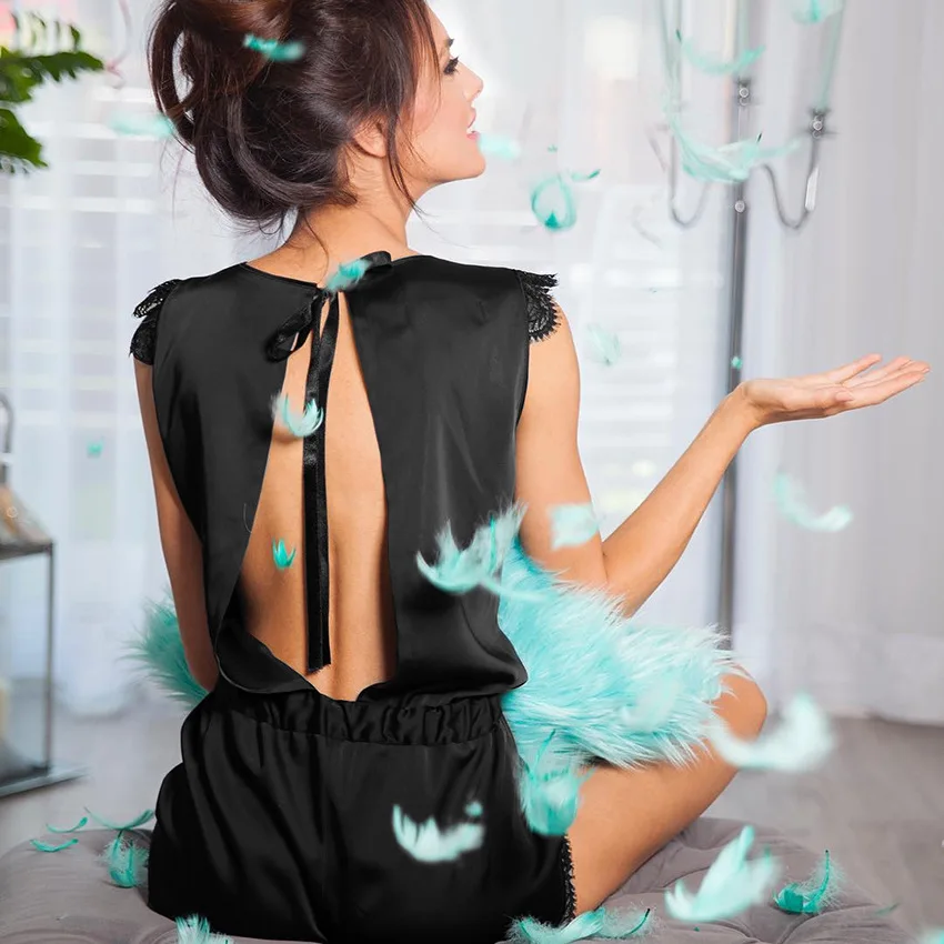 

2PCS Sleep Top&Shorts Suit Lounge Wear Blackless Pajamas Set With Lace Rayon Thin Sleepwear Summer Loose Lingerie Nightwear