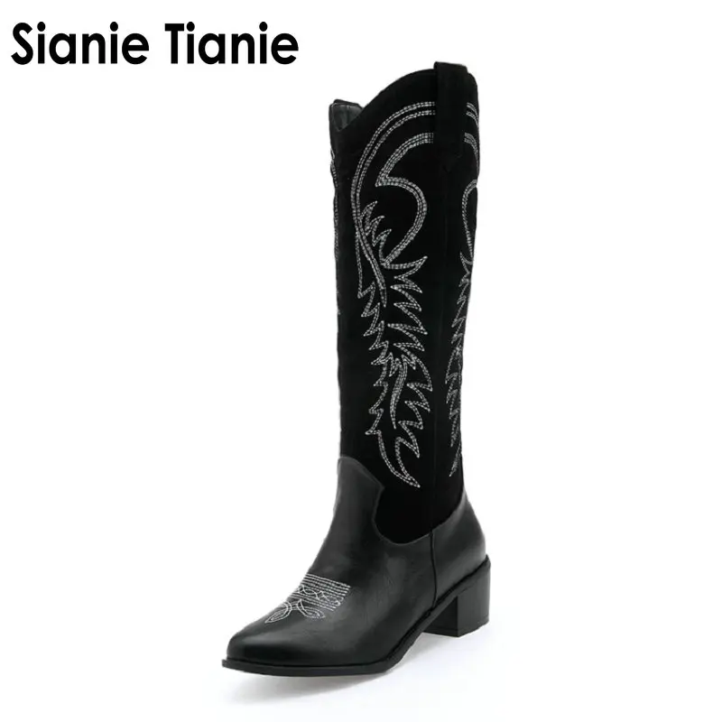 

Sianie Tianie 2020 embroidery pointed toe women knee high boots cowgirl cowboy winter boots loose slip-on big boots shoes woman