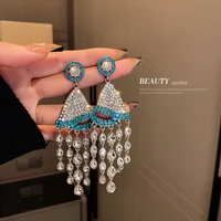 925 silver needle european and american fashion temperament exaggerated design diamond inlaid hat tassel long earrings female