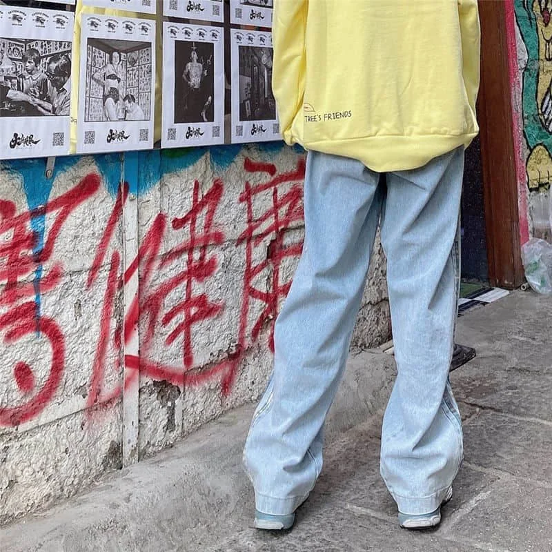 

Jeans Men And Women Japanese Retro Lattice Stitching Washed Old Jeans Loose Wild Straight Wide-leg Trousers Fashion Loose
