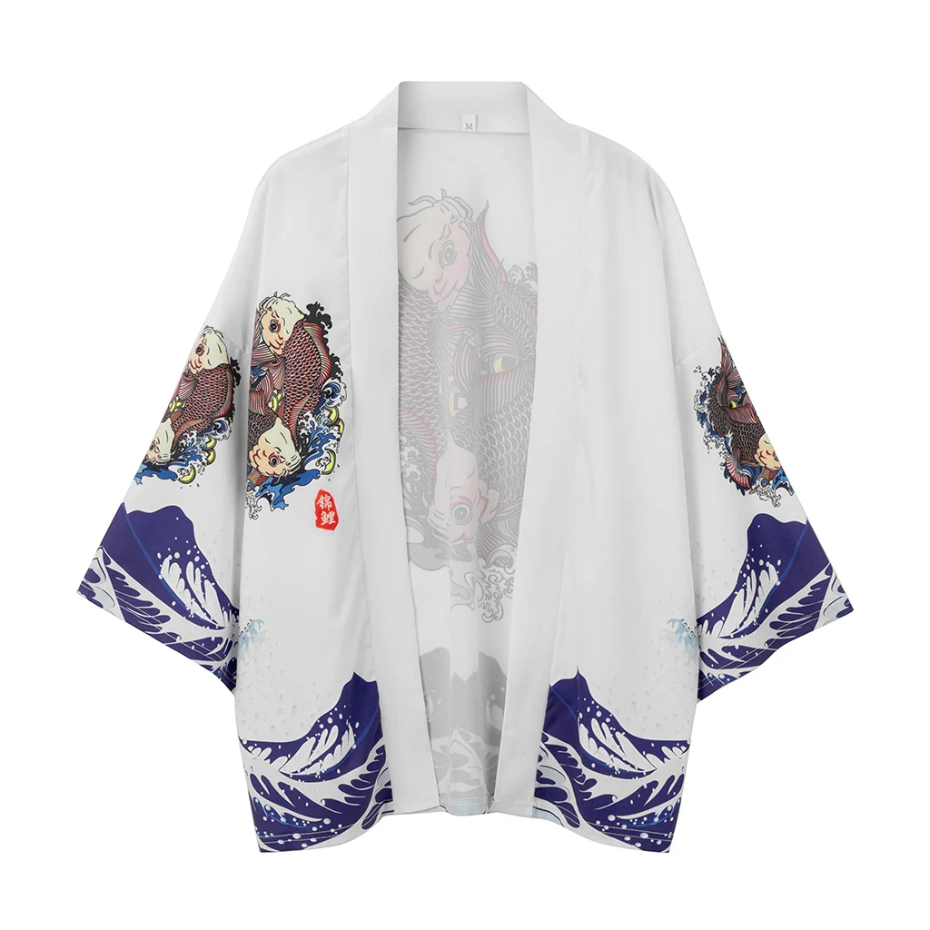 

Japanese Mens Wave Carp Printed White Kimono Obi Cardigan Traditional Japan Clothing Yukata Haori
