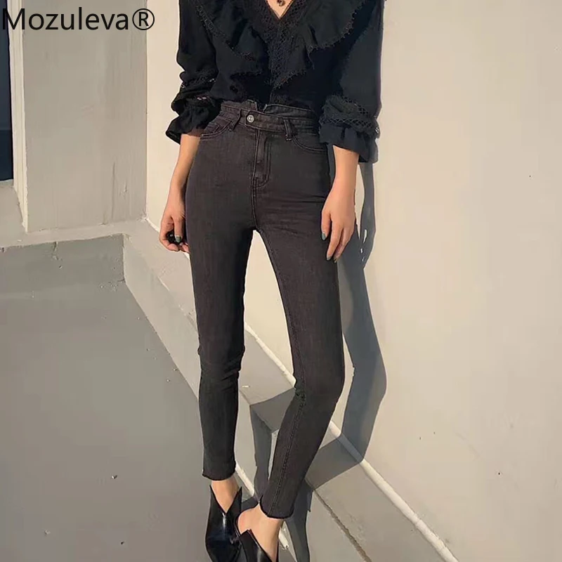 Mozuleva Streetwear Button Fly High Waist Denim Jean Women Black Plus Size for Jeans Female Skinny Pencil Pant | Женская одежда
