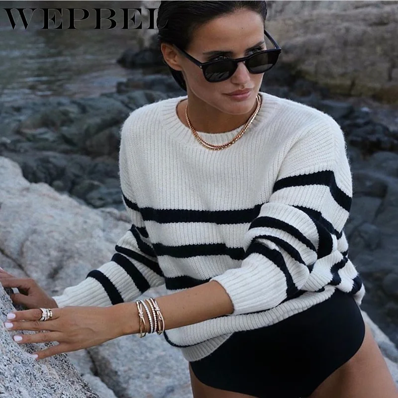 

Mandylandy Women Autumn Winter Loose Thick Stripe Knitted Pullover Sweater Top Lady Long Sleeve O Neck Knitwear Outerwear