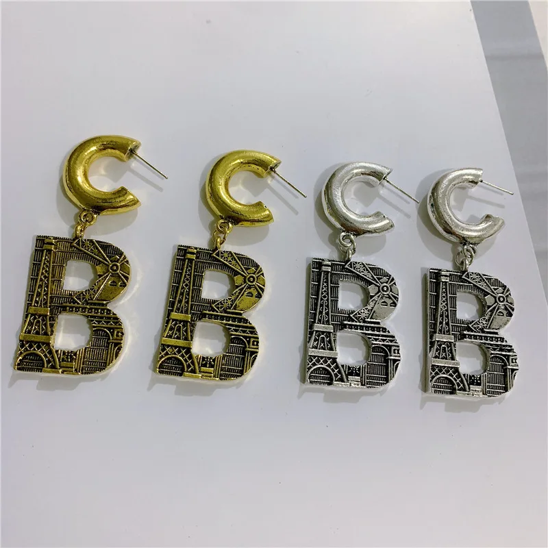 

HANGZHI 2020 New Simple Metal U shape B Letter Relief Drop Earrings Dual Purpose Removable Paris fashion For Women Girl Jewelry