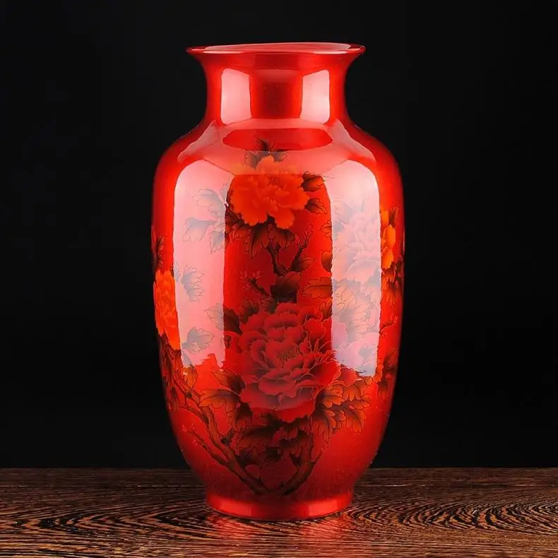 

Кристаллическая глазурованная керамическая красная Пионовая ваза в китайском стиле фарфоровые вазы для искусственных цветов декоративны...
