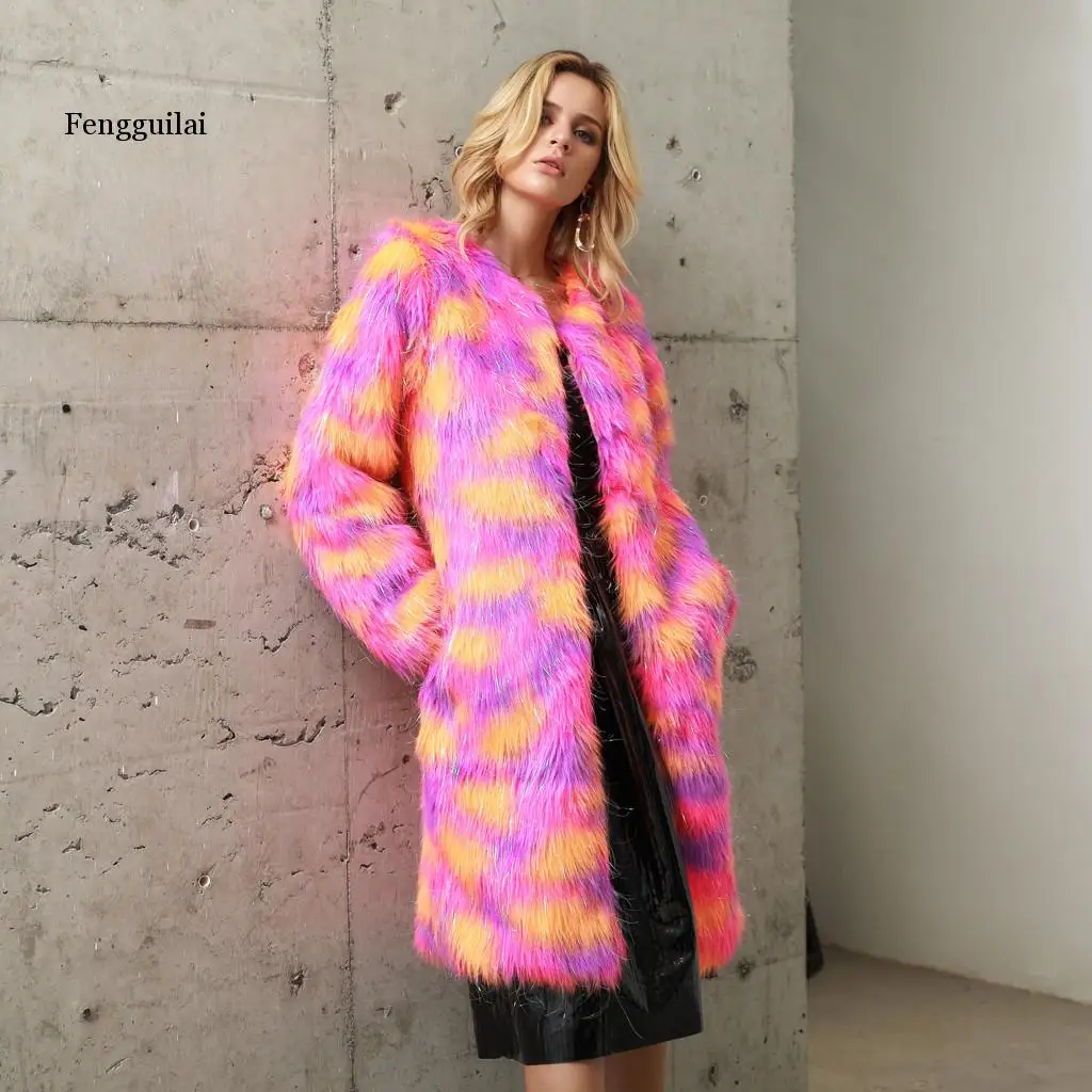 

Furry Fur Coat Women's Autumn Winter Female Jacket Boho Faux Fur Outerwear Cardigan Long-sleeved Loose Button Pocket Coat