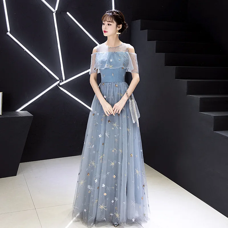Elegant Light Blue Patchwork Mesh Dress Star Sequins Cheongsam Formal Party Gowns Female Embroidery Sexy Chinese Dress Qipao