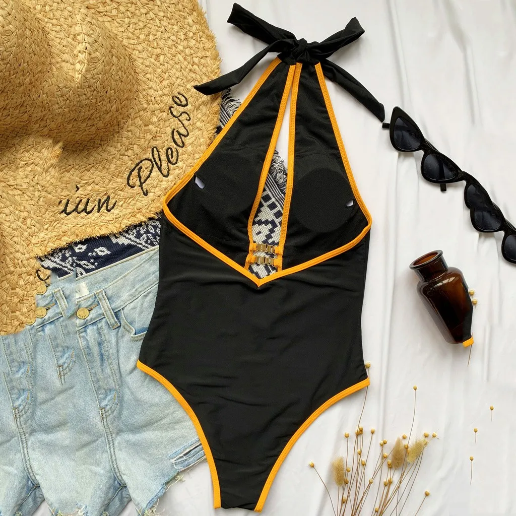 

Deep V-neck Bikini Women's Swimsuit Halter Bathing Suit 2021 Monokini Sexy Swimsuit One Piece High Cut Hollow Backless Swimwear