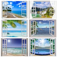 laeacco photography backdrops tropical palme tree window island sea beach blue sky scene photo background photocall photo studio