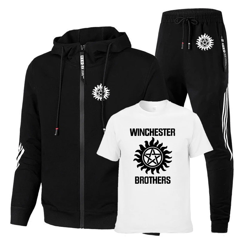 

Supernatural Men's suits Winchester Bros Printed jackets Solid color stripe Cotton Men's sweatshirt+T-shirt+sports pants 3-piece