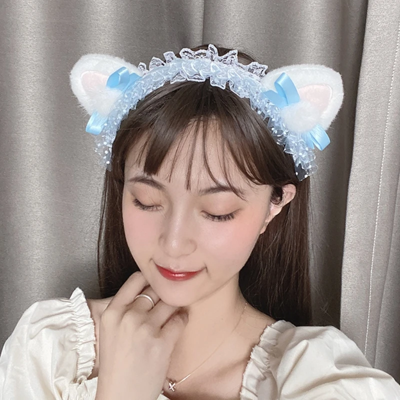 

Sweet Polka Dot Lace Lolita Headband Plush Kitten Ears Pompom Bowknot Hair Hoop Plush Kitten Ears Hair Hoop
