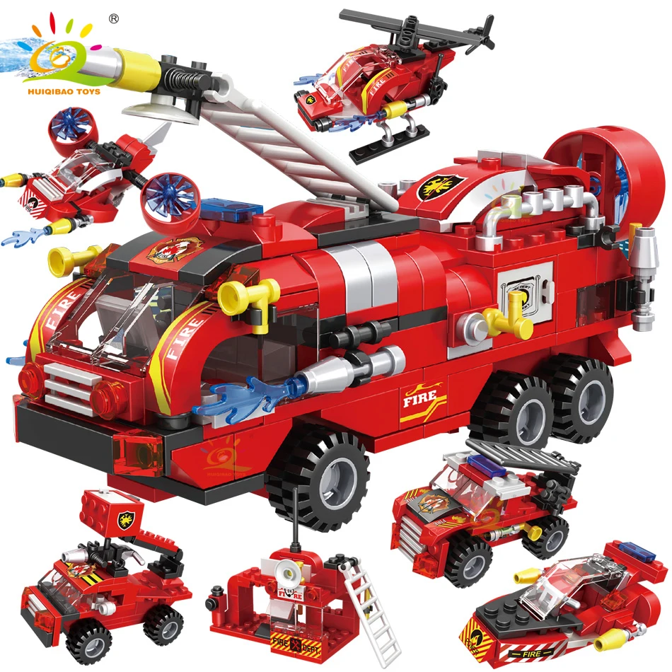 HUIQIBAO 387pcs 6in1 Fire Fighting Trucks Building Blocks City Rescue Helicopter Bricks 6 Fireman Toys For Children Kids Gift
