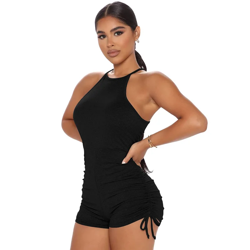 

2021 New Spring Summer Collection Women's Playsuit Bow Shirring Solid Color Short Pants Sexy Halter Female Playsuit Shorts