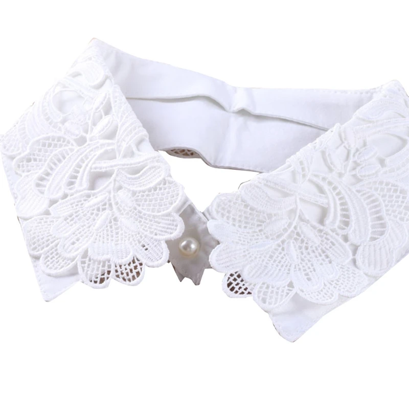 

Women Hollow out Flower Lace Fake Collar with Pearl Detachable Half Shirt Shawl Wrap Blouse Collars Decorative for Female D0LF