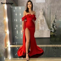 sevintage high side split mermaid prom dress off the shoulder pleat red evening dresses party gowns fashions outfits