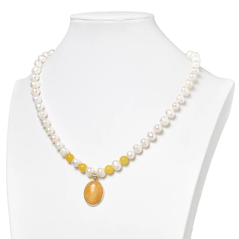 

White Beads 100% natural pearl necklace 8-9mm beads with yellow chalcedony pendant jewelry necklace for women's holiday gifts